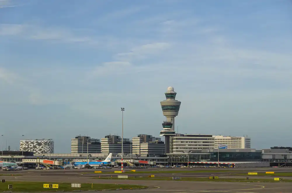 Virtual flight simulator view of European airport terminal