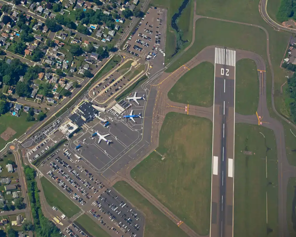 Virtual flight simulator view of New York airport terminal