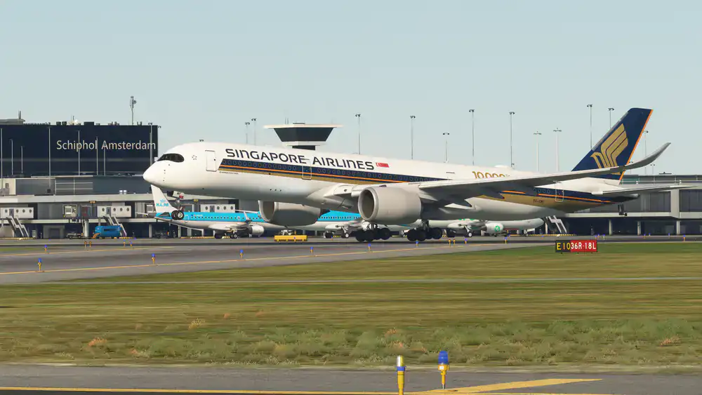 Virtual flight simulator view of Singapore airport terminal