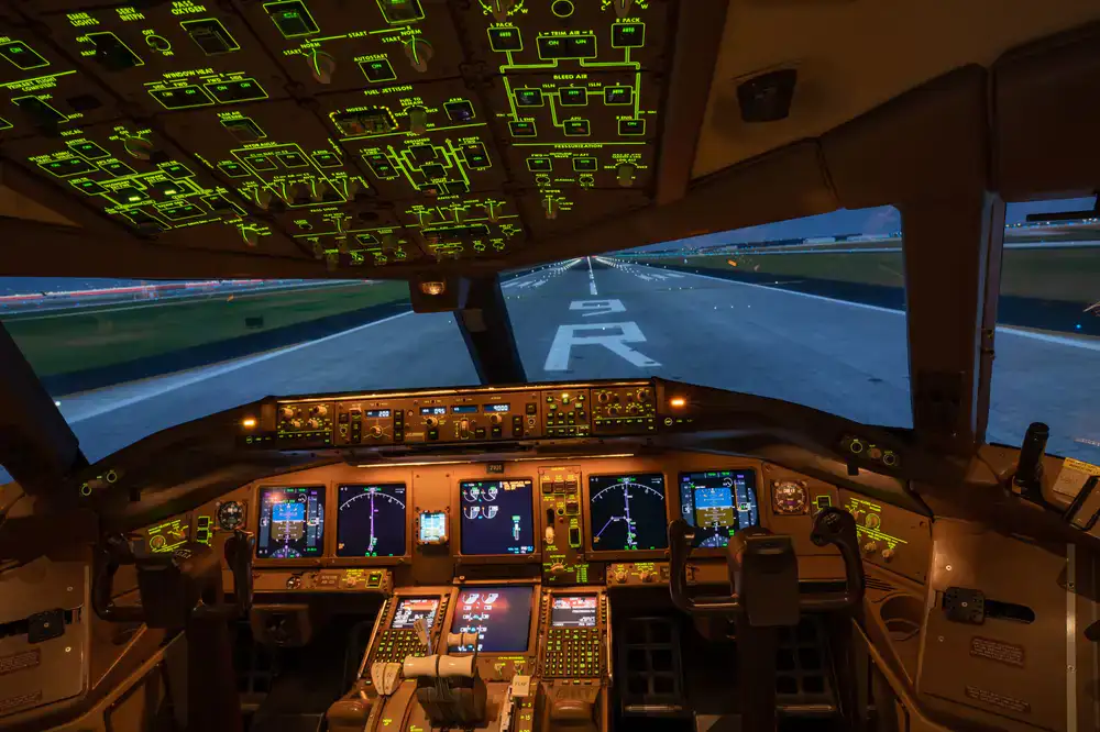 Virtual airline cockpit view lining up on the runway